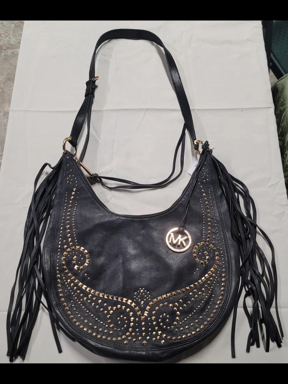 Michael Kors Black Leather Studded Fringe Hobo with Gold MK Charm